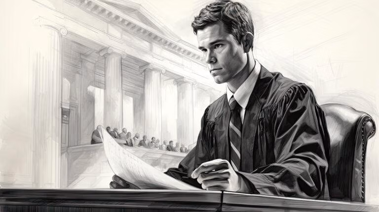 drawing of legal professional with court building in the background